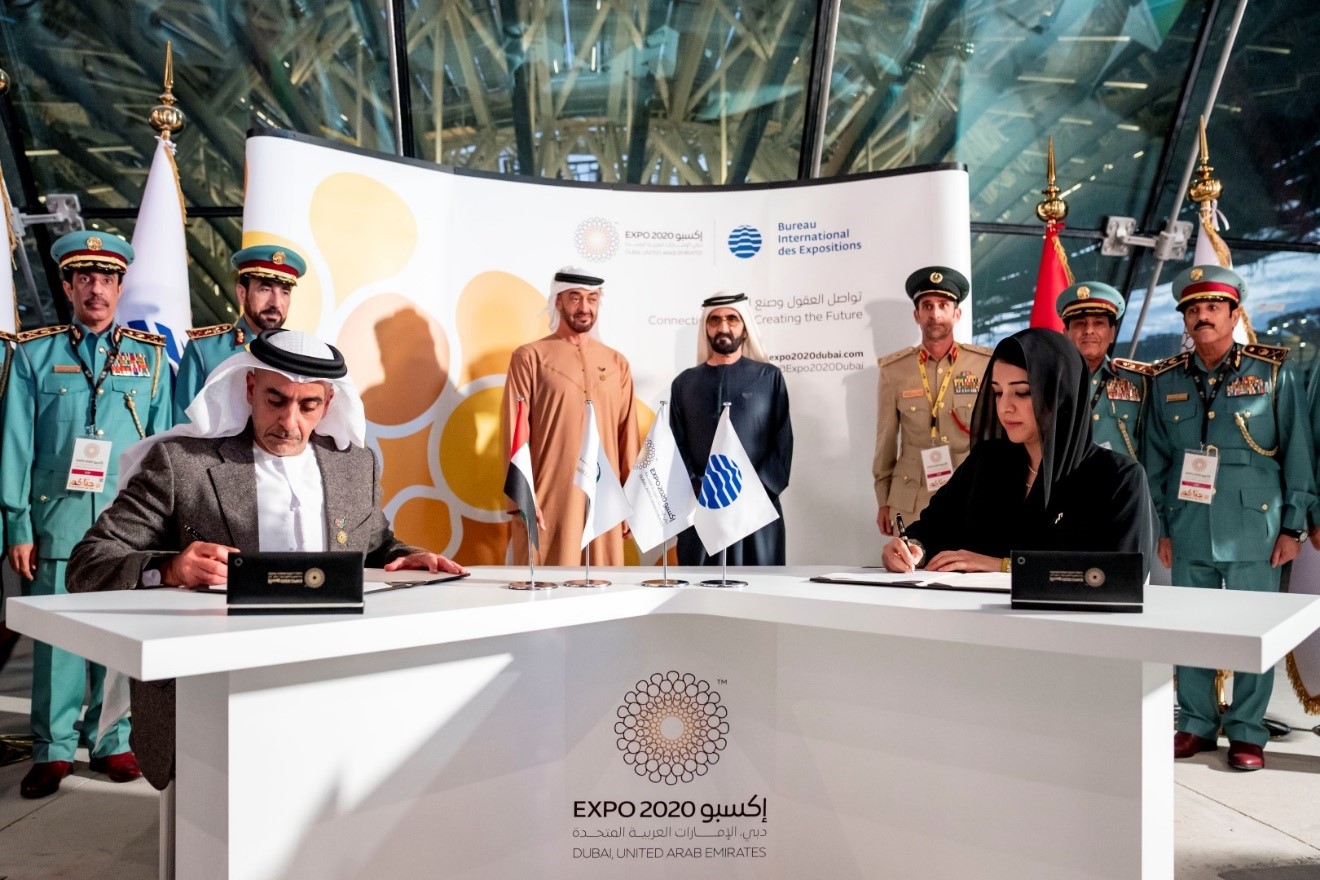 Mohammed bin Rashid and Mohamed bin Zayed attend the signing of two agreements between Expo 2020 Dubai and the Ministries of Interior and Defence
