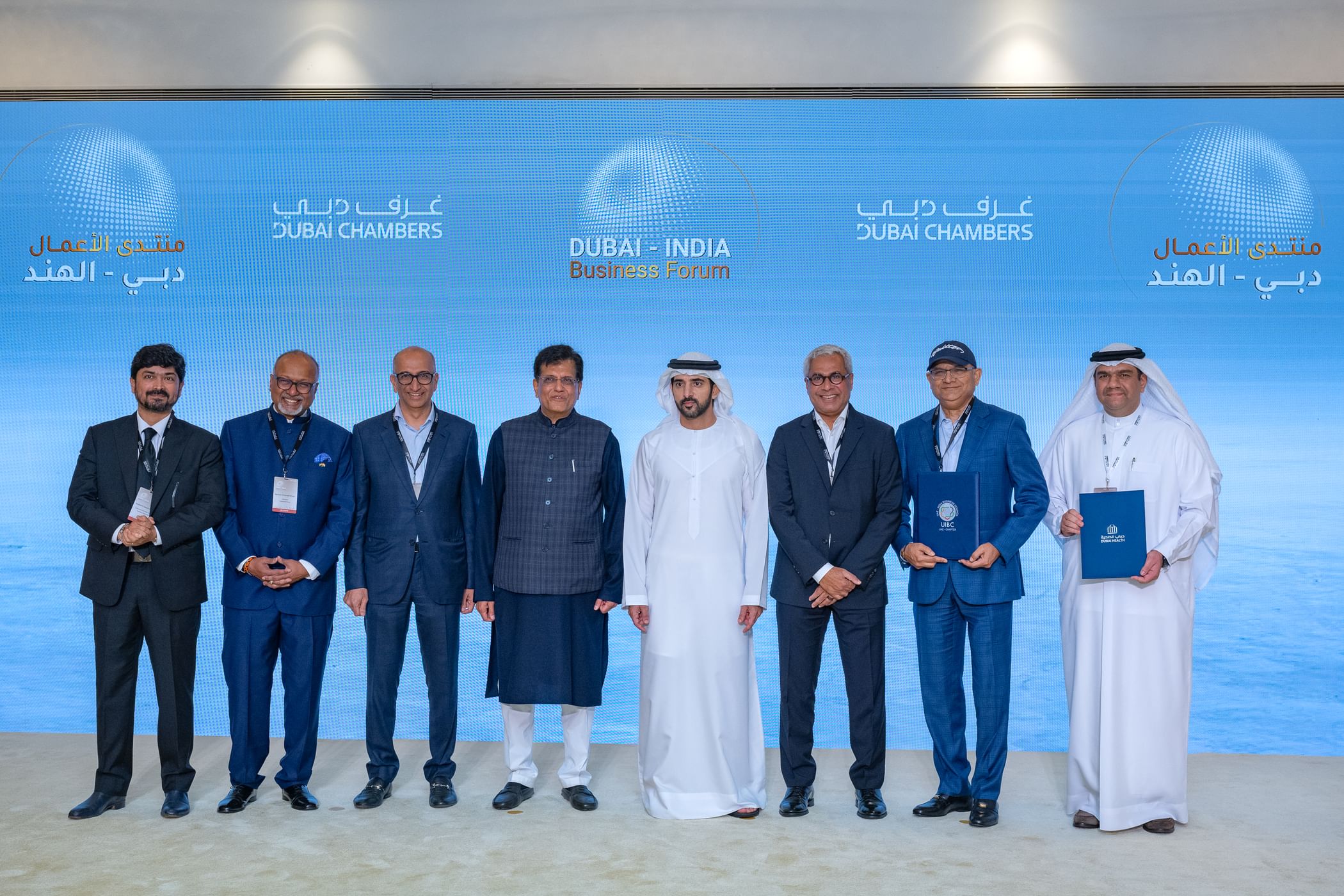 Hamdan bin Mohammed, India’s Minister of Commerce and Industry witness signing of 8 strategic agreements