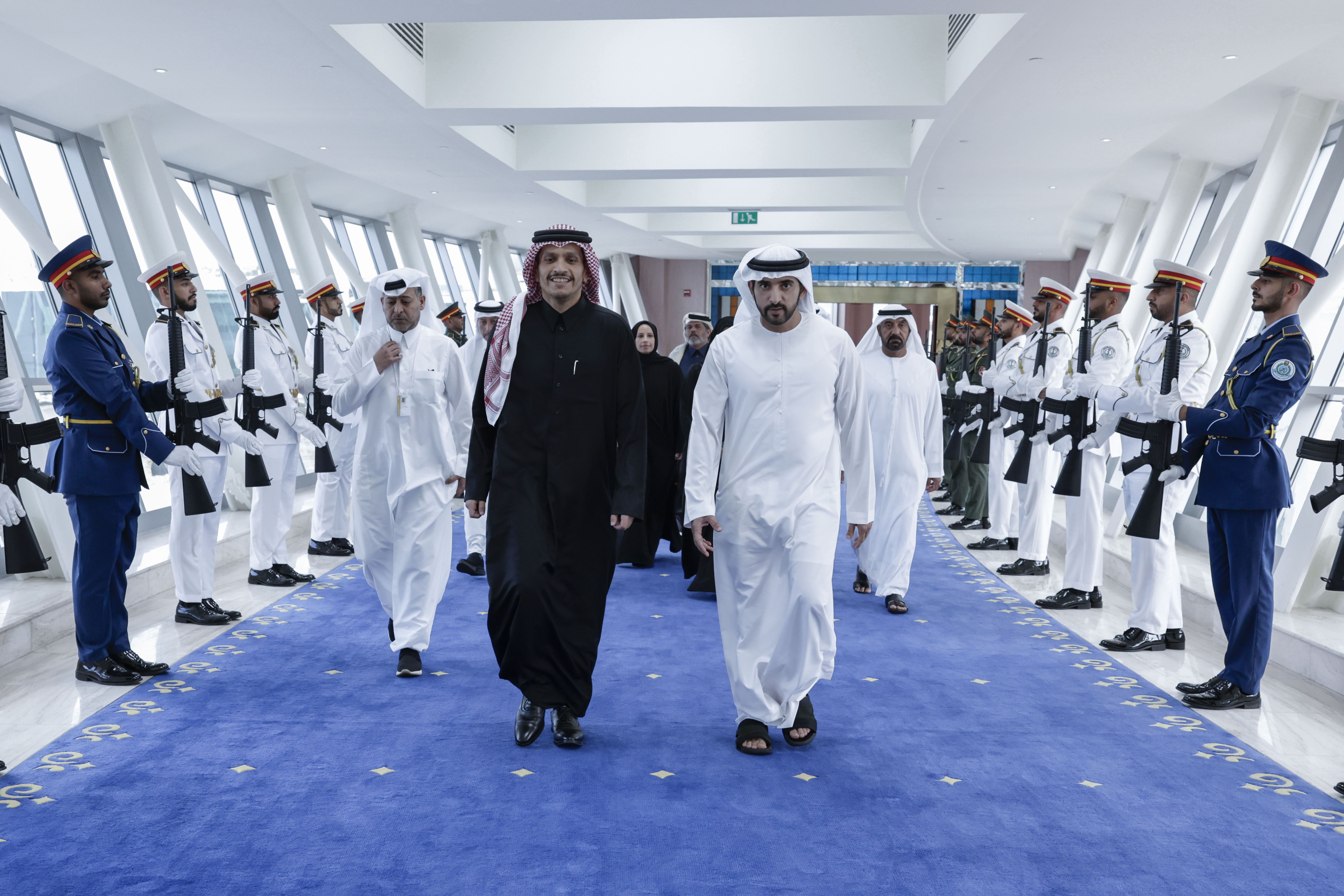 Hamdan bin Mohammed welcomes Qatar’s Prime Minister upon his arrival in Dubai to participate in WGS 2024