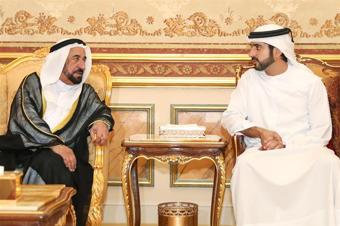 سلطان القاسمي وسعود المعلا يتقبلان تعازي حمدان بن محمد والشيوخ والمسؤولين في وفاة أحمد القاسمي