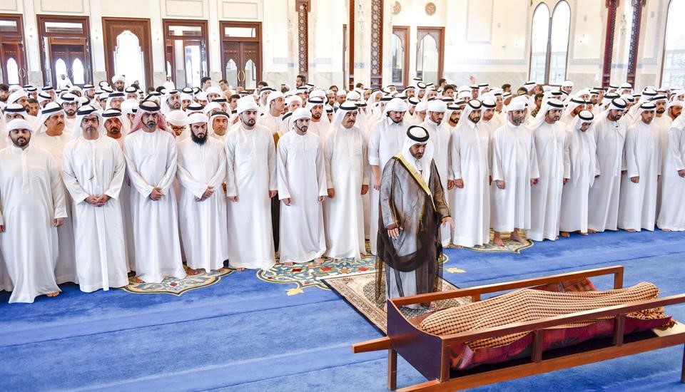 Umm Al Qaiwain Ruler and Crown Prince of Dubai perform funeral prayer on late Sheikh Mansour bin Ahmad bin Ali Al Thani